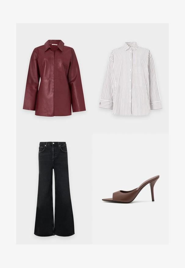 Burgundská kožená bunda s dlouhým rukávem, límcem a předním zipem, střih na míru a hladká textura.; Proužkovaná košile z lehké látky, svislé hnědé a bílé pruhy, límec a přední kapsa. Dlouhé rukávy s knoflíkovými manžetami.; Černé široké džíny z denimu s vysokým pasem, klasickým designem s pěti kapsami a zapínáním na knoflík vpředu.; Hnědé kožené otevřené lodičky na vysokém podpatku s elegantním designem, které mají široký přední pás a štíhlý jehlový podpatek.
