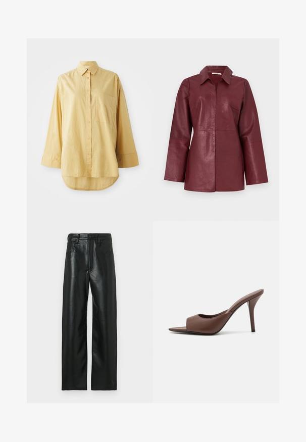 Giacca in pelle bordeaux a maniche lunghe con colletto e cerniera frontale, vestibilità aderente e texture liscia.; Camicia gialla a maniche lunghe con taschino, orlo arrotondato. Realizzata in tessuto leggero e testurizzato. Presenta bottoni arancioni.; Pantaloni in pelle nera con taglio dritto, dotati di chiusura con bottone, passanti per cintura e due tasche frontali. Texture liscia con una leggera lucentezza.; Mule aperti con tacco alto in pelle marrone, dal design elegante, caratterizzati da una larga fascia anteriore e un sottile tacco a stiletto.