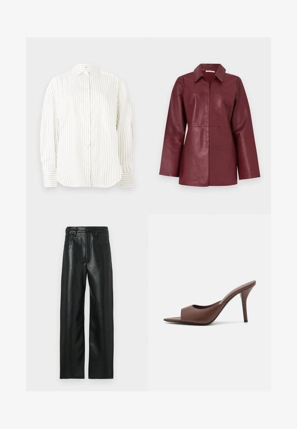 Burgundy long-sleeve leather jacket with collar and front zipper, tailored fit and smooth texture.; White button-up shirt with subtle vertical golden stripes, a classic collar, and slightly puffed sleeves, featuring structured cuffs with matching stripes.; Black leather pants with a straight cut, featuring a button closure, belt loops, and two front pockets. Smooth texture with a slight sheen.; Brown leather open-toe high-heeled mules with a sleek design, featuring a wide front strap and a slender stiletto heel.