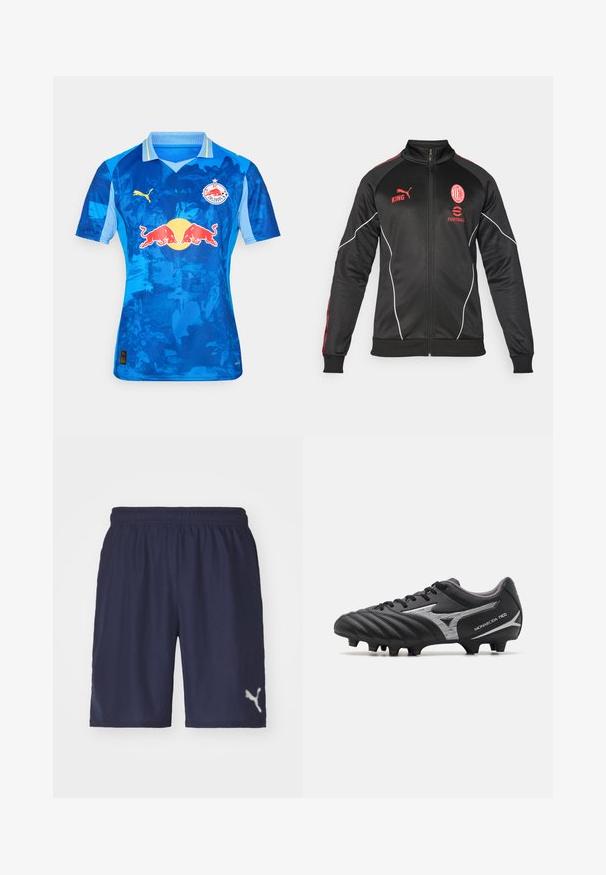 Fekete sportdzseki piros kiegészítőkkel, cipzáras záródás, magas gallér, Puma logó és csapat címer. Texturált anyaggal és fehér díszítő részletekkel rendelkezik.; Kék futballmez, amely átmenetes dizájnnal rendelkezik, a Puma logó a bal mellen és a Red Bull logó a középen található. Rövid ujjú és klasszikus gallérja van.; Tengerészeti sportnadrág könnyű anyagból, rugalmas derékkal és fényvisszaverő logóval a bal alsó oldalon.; Fekete focicipő, texturált szintetikus felsőrésszel, ezüst részletekkel és fűzős kialakítással. Formázott talppal rendelkezik, látható stoplival a tapadás érdekében.