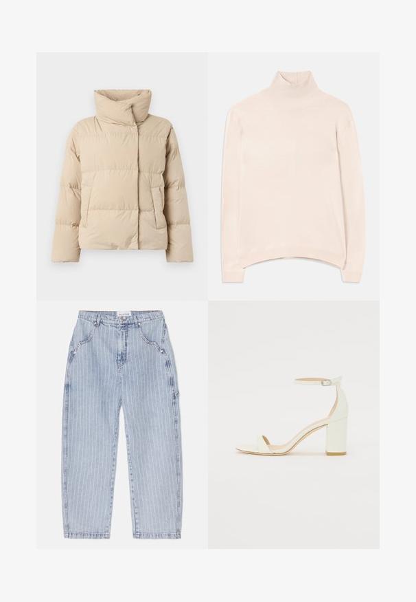Šviesiai rudas pūkų striukė su aukštu apykakle, siuvinėta raštu, dviem šoninėmis kišenėmis ir šiek tiek per dideliu siluetu. Glotni, matinė tekstūra.; Šviesiai rožinis ilgomis rankovėmis turtlenekas su grioveliu apykakle ir apačia, pasižymintis laisvu siluetu ir švelniu, lygia tekstūra.; Šviesiai mėlynos džinsinės kelnės su vertikaliomis baltomis juostelėmis, laisvas kirpimas, vidutinio aukščio juosmuo ir penkių kišenių dizainas. Yra siuvimo detalės.; Baltos odos blokinio kulno sandalai, su kulkšnies dirželiu ir sagtimi, minimalistinio dizaino. Atvira pirštų dalis ir sklandžios tekstūros visoje.