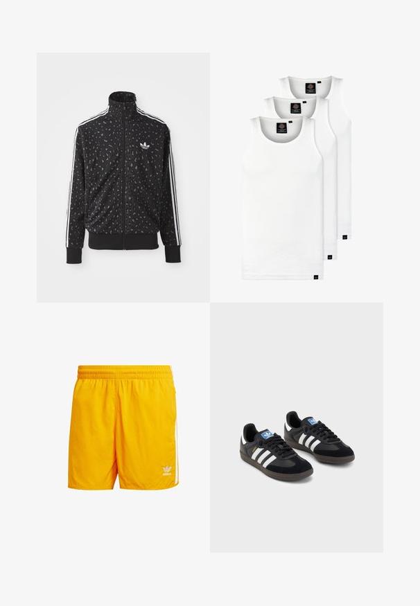 Čierna zipsová bunda so vzorom leopardieho potlače, biele pruhy na pleciach a malé biele logo na hrudi.; Tri biele rebrované tielka vyrobené z bavlny. Majú okrúhly výstrih a malé čierne štítky pri leme. Dostupné v rôznych veľkostiach.; Žlté šortky adidas vyrobené z ľahkého materiálu s elastickým pásom, biele pruhy po stranách a malým logom na leme.; Čierne tenisky so zvrškom z semišu a syntetického materiálu, s tromi bielymi pruhmi, štruktúrovanou gumovou podrážkou a modrou logovou etiketou na jazyku.