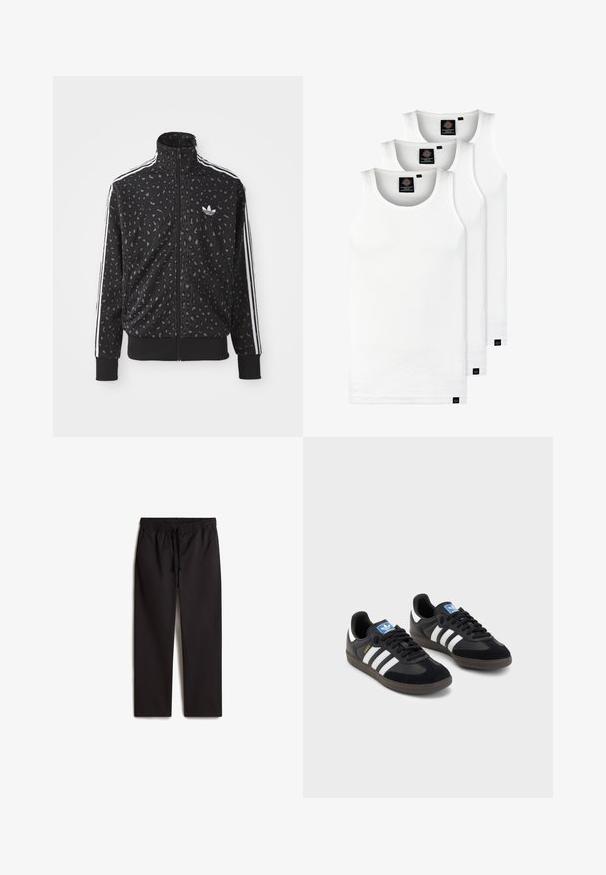 Veste zippée noire avec une texture imprimée léopard, des rayures blanches sur les épaules et un petit logo blanc sur la poitrine.; Trois débardeurs blancs côtelés en coton. Présentent un col rond et de petites étiquettes noires près de l'ourlet. Disponibles en plusieurs tailles.; Pantalons noirs avec taille élastique et cordon de serrage ; design à jambe droite ; texture lisse ; présentent deux poches latérales.; Des baskets noires avec une tige en suède et en matériaux synthétiques, dotées de trois rayures blanches, d'une semelle en caoutchouc texturé et d'une étiquette de logo bleue sur la languette.