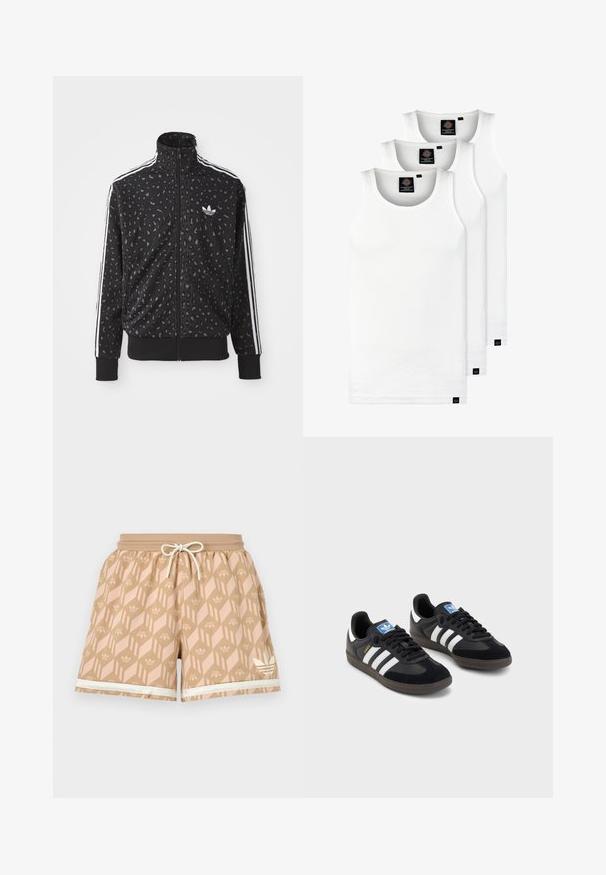 Jaqueta preta com fecho éclair, apresentando uma textura de padrão de leopardo, riscas brancas nos ombros e um pequeno logótipo branco no peito.; Três tops em algodão de alças brancas com nervuras. Apresentam um decote redondo e pequenas etiquetas pretas perto da bainha. Disponíveis em vários tamanhos.; Calções de desporto castanhos com padrão, cintura elástica com cordão e detalhes em riscas. Apresenta logótipos e um tecido suave e leve.; Sneakers pretos com parte superior em camurça e sintético, apresentando três riscas brancas, sola de borracha texturizada e etiqueta azul no linguete.