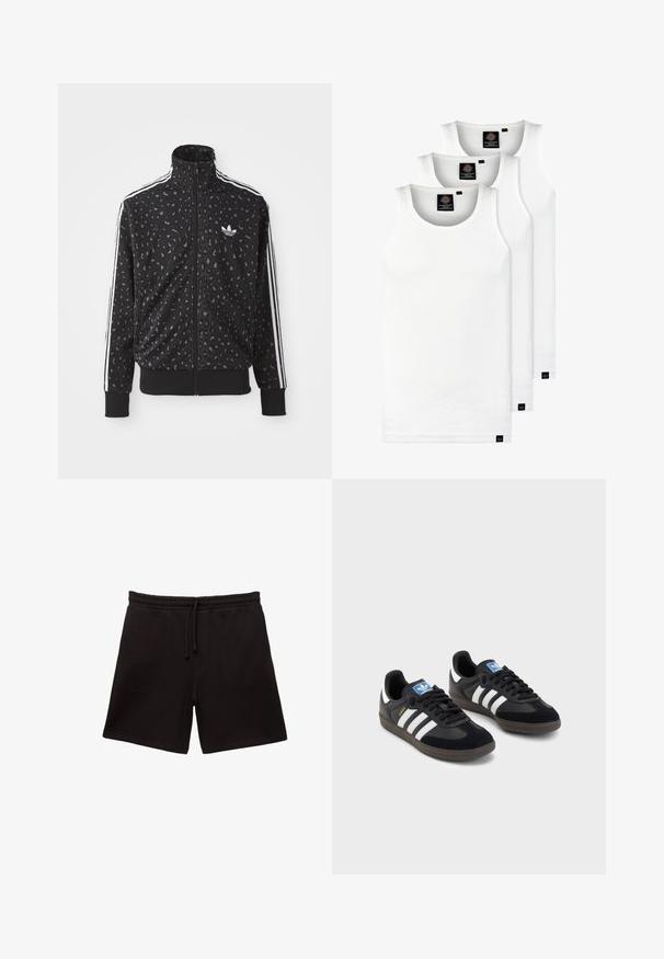 Black zip-up jacket featuring a leopard print texture, white stripes along the shoulders, and a small white logo on the chest.; Three white ribbed tank tops made of cotton. Features a crew neck and small black labels near the hem. Available in multiple sizes.; Black cotton shorts with a drawstring waistband, featuring two front pockets and a soft, smooth texture.; Black sneakers with a suede and synthetic upper, featuring three white stripes, textured rubber sole, and blue logo tag on the tongue.
