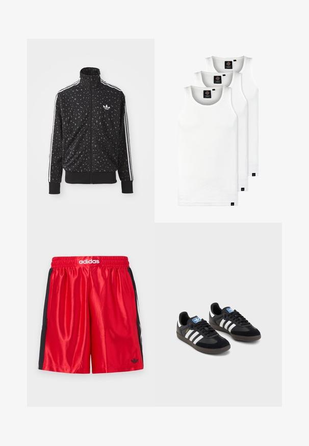 Jaqueta preta com fecho éclair, apresentando uma textura de padrão de leopardo, riscas brancas nos ombros e um pequeno logótipo branco no peito.; Três tops em algodão de alças brancas com nervuras. Apresentam um decote redondo e pequenas etiquetas pretas perto da bainha. Disponíveis em vários tamanhos.; Calções atléticos vermelhos com painéis laterais pretos, cintura elástica e logotipo "adidas" branco na frente. Textura de cetim suave, até ao joelho.; Sneakers pretos com parte superior em camurça e sintético, apresentando três riscas brancas, sola de borracha texturizada e etiqueta azul no linguete.