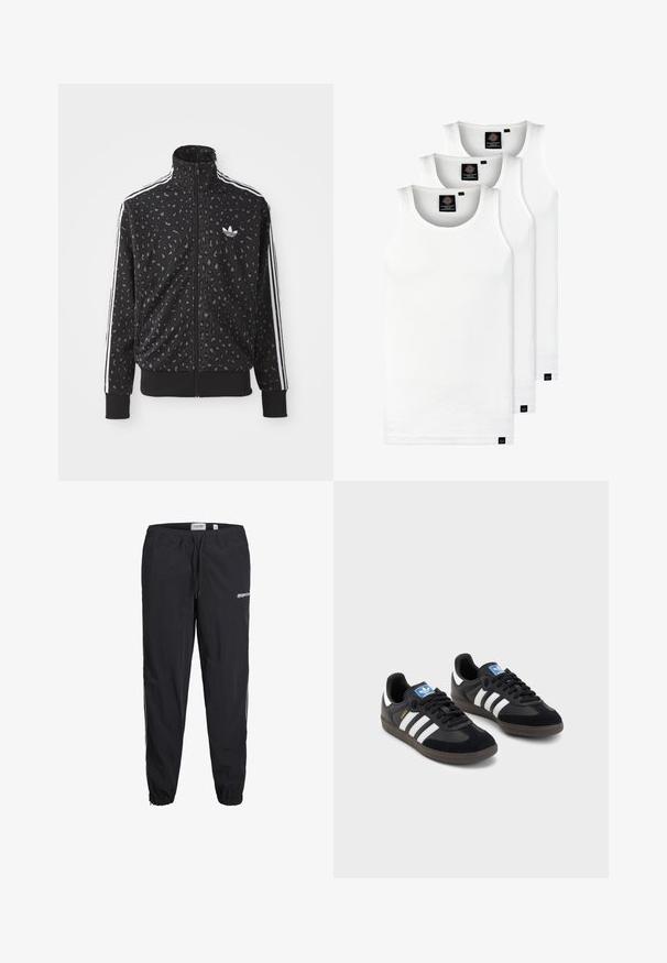Černá zipová bunda s leopardím potiskem, bílé pruhy na ramenech a malým bílým logem na hrudi.; Tři bílé žebrované tílka vyrobené z bavlny. Mají kulatý výstřih a malé černé štítky poblíž lemu. Dostupné v několika velikostech.; Černé sportovní kalhoty s elastickým pasem, šňůrkou a manžetami na kotnících. Na přední straně mají logo a kontrastní boční pruhy.; Černé tenisky s vrškem z semiše a syntetického materiálu, s třemi bílými pruhy, texturovanou gumovou podrážkou a modrou nášivkou loga na jazyku.