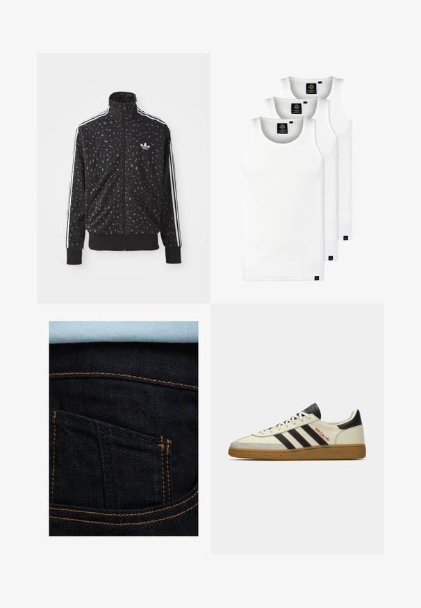 Czarna kurtka na zamek z teksturą w print lamparta, białymi paskami wzdłuż ramion i małym białym logo na piersi.; Trzy białe prążkowane koszulki na ramiączkach wykonane z bawełny. Posiadają okrągły dekolt i małe czarne metki blisko dolnego brzegu. Dostępne w różnych rozmiarach.; Ciemnoniebieskie dżinsy z pomarańczowym przeszyciem, z tylną kieszenią i jasnoniebieską koszulą widoczną na górze. Gładka tekstura, klasyczny krój.; Kremowe i czarne sneakersy Adidas Spezial z gumową podeszwą, czarnymi paskami, czerwonymi przeszyciami oraz logo "Spezial" z boku.