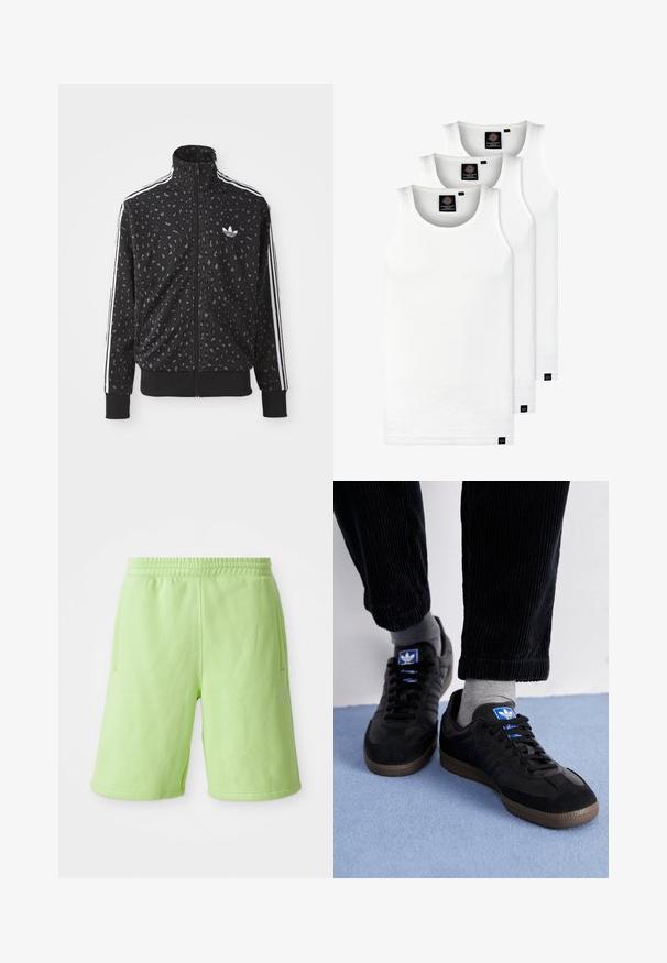 Zwarte zip-up jas met een luipaardprint structuur, witte strepen langs de schouders en een klein wit logo op de borst.; Drie witte geribde tanktops van katoen. Kenmerken zijn een ronde hals en kleine zwarte labels nabij de zoom. Verkrijgbaar in meerdere maten.; Limoengroene shorts van zachte stof, met een elastische tailleband,zijzakken en een klein wit logo aan de onderzijde rechts.; Zwarte sneakers van suede en leer, met een blauw logo en een bruine rubberen zool. Gepaard met grijze sokken en corduroy broek.