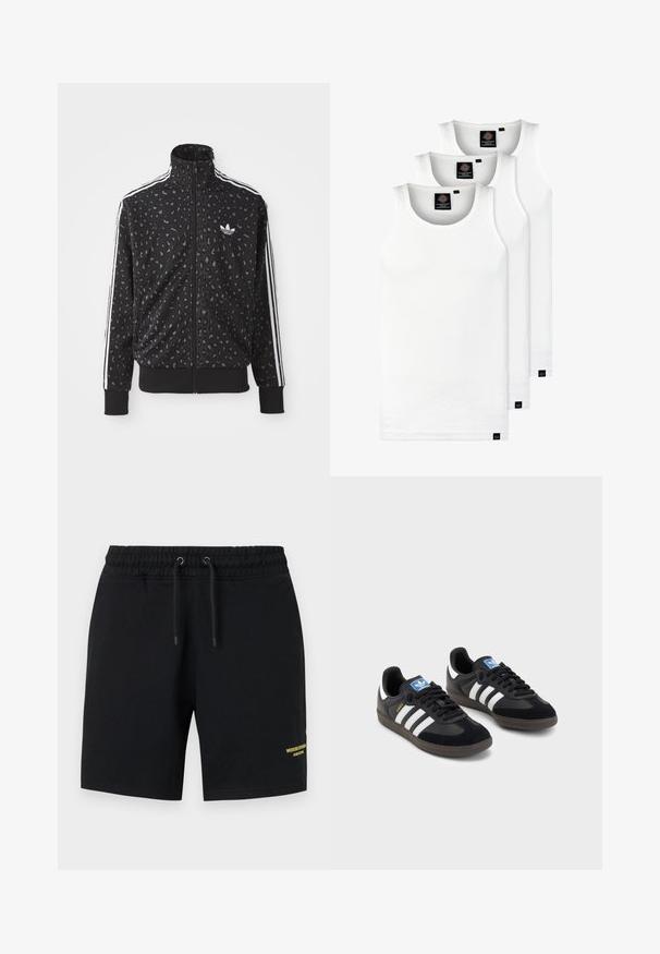 Black zip-up jacket featuring a leopard print texture, white stripes along the shoulders, and a small white logo on the chest.; Three white ribbed tank tops made of cotton. Features a crew neck and small black labels near the hem. Available in multiple sizes.; Black shorts made of cotton with an elastic waistband, drawstring detail, and yellow text accent on the lower left leg.; Black sneakers with a suede and synthetic upper, featuring three white stripes, textured rubber sole, and blue logo tag on the tongue.