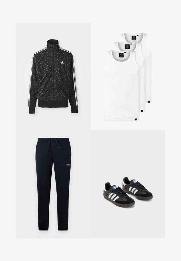 Schwarze Zip-Jacke mit Leopardenmuster, weißen Streifen an den Schultern und einem kleinen weißen Logo auf der Brust.; Drei weiße, gerippte Tanktops aus Baumwolle. Merkmale einen Rundhalsausschnitt und kleine schwarze Etiketten am Saum. In mehreren Größen erhältlich.; Marinefarbene Jogginghosen mit Kordelzug, seitlichen Taschen und tapered Beinen. Auf dem rechten Oberschenkel befindet sich in orange der Schriftzug "WEEKEND OFFICER". Aus weichem Baumwollmix.; Schwarze Sneaker mit einem Obermaterial aus Wildleder und Synthetik, ausgestattet mit drei weißen Streifen, einer strukturierten Gummi-Sohle und einem blauen Logo-Tag auf der Zunge.