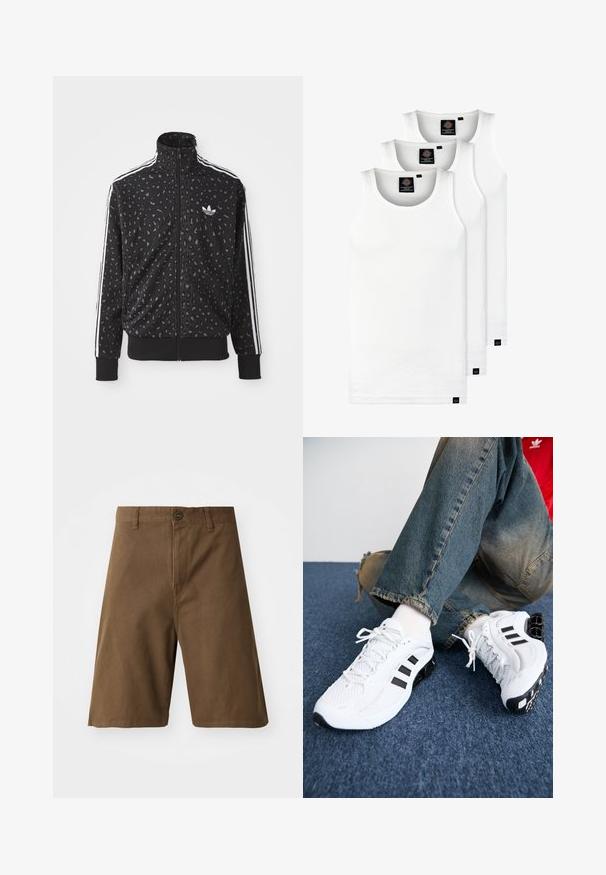 Czarna kurtka na zamek z teksturą w print lamparta, białymi paskami wzdłuż ramion i małym białym logo na piersi.; Trzy białe prążkowane koszulki na ramiączkach wykonane z bawełny. Posiadają okrągły dekolt i małe czarne metki blisko dolnego brzegu. Dostępne w różnych rozmiarach.; Brązowe bawełniane szorty o prostym kroju, z zapięciem na guzik z przodu, paskiem na szlufki i bocznymi kieszeniami. Gładka faktura i starannie wykończone szwy.; Białe siateczkowe buty sportowe z czarnymi akcentami, z teksturowanym wzorem i charakterystyczną podeszwą, w połączeniu z niebieskimi dżinsami.
