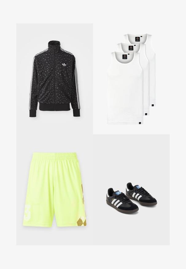 Svart hettejakke med leopardmønster, hvite striper langs skuldrene og en liten hvit logo på brystet.; Tre hvite ribbestrikkede tank topper laget av bomull. Har en rund hals og små svarte etiketter nær kanten. Tilgjengelig i flere størrelser.; Neon gule idrettsshorts med elastisk liv, med en hvit "3"-logo og gull geometrisk mønster nederst til høyre.; Svarte sneakers med overdel i semsket lær og syntetisk materiale, med tre hvite striper, strukturert gummisåle og blå logoetikett på tungen.
