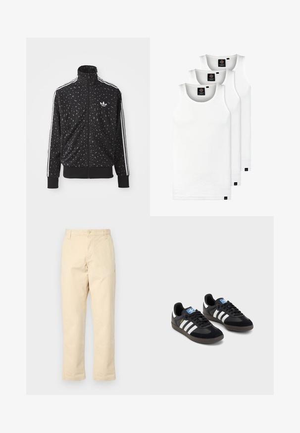 Črno zip-up jakno z vzorcem leopardjih pik, belimi črtami ob ramenih in majhnim belim logotipom na prsih.; Tri bele rebraste majice brez rokavov iz bombaža. Imajo okroglo izreza in majhne črne etikete blizu roba. Na voljo v več velikostih.; Bež hladke bombažne hlače s ravnim krojem, zapenjanje spredaj na gumb in dvema stranskima žepoma, z rahlo rebrasto teksturo.; Črne športne copate z zgornjim delom iz semiša in sintetičnih materialov, ki imajo tri bele črte, teksturiran gumijast podplat in modro označevalno oznako na jeziku.