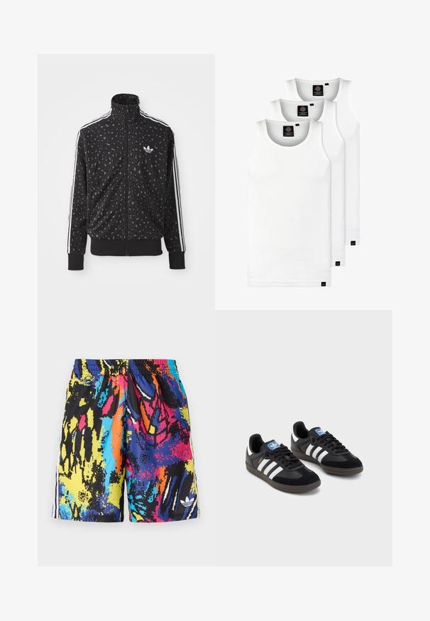 Black zip-up jacket featuring a leopard print texture, white stripes along the shoulders, and a small white logo on the chest.; Three white ribbed tank tops made of cotton. Features a crew neck and small black labels near the hem. Available in multiple sizes.; Multicolored swim shorts featuring an abstract pattern with black, blue, yellow, pink, and orange. Elastic waistband with side stripes.; Black sneakers with a suede and synthetic upper, featuring three white stripes, textured rubber sole, and blue logo tag on the tongue.