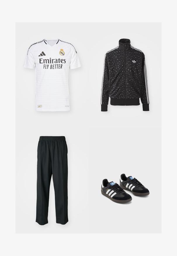 Fekete zipzáras kabát leopárdmintás textúrával, fehér csíkokkal a vállakon és egy kis fehér logóval a mellkasán.; Fehér focimez V-nyakkivágással, fekete csíkkal díszítve, az "Emirates Fly Better" logóval, a Real Madrid címerével és texturált anyagból készült.; Fekete sportnadrág rugalmas derékkal, sima anyagból készült, finom oldalvarrással és laza illeszkedéssel, egyenes lábdesignnal.; Fekete sportcipők, velúrból és szintetikus anyagból készült felsőrésszel, három fehér csíkkal, textúrázott gumitalppal és kék logó címkével a nyelvén.