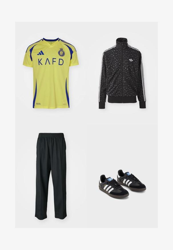 Juodas užtrauktukinis džemperis su leopardų rašto tekstūra, baltais juostelėmis per pečius ir mažyte balta logotipų žyme krūtinėje.; Geltona futbolo marškinėliai su mėlynomis detalėmis, pasižymintys v-kaklo dizainu, dideliu "KAFD" užrašu, klubo logotipu ir "AEROREADY" tekstu ant apatinės dalies.; Juodi sportiniai kelnių modeliai su elastinga juosmena, pagaminti iš šiurkščios medžiagos, su subtiliomis šoninėmis siūlėmis ir laisva, tiesia koja.; Juodi sportiniai bateliai su zomšos ir sintetine viršutine dalimi, turintys tris baltas juosteles, tekstūruotą gumos pado paviršių ir mėlyną logotipo etiketę ant liežuvėlio.