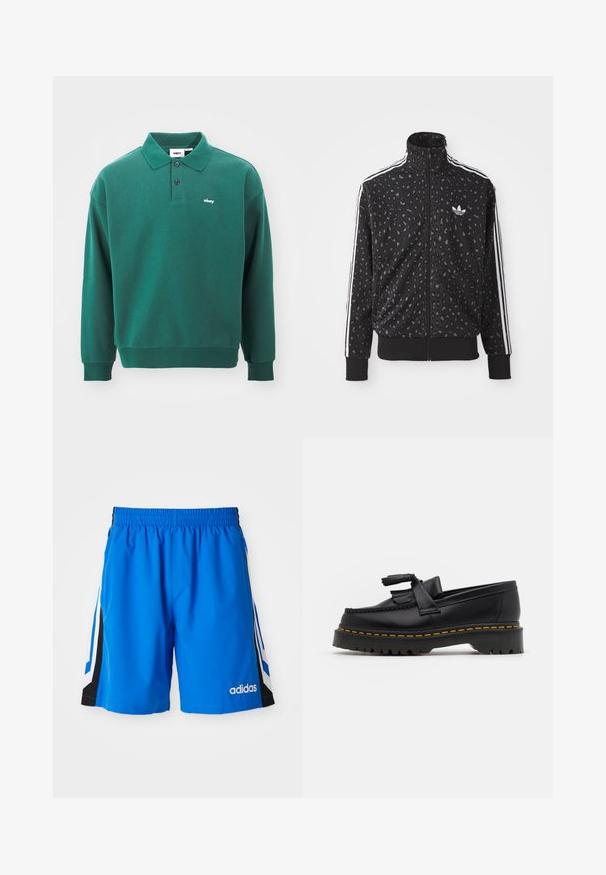 Svart hettejakke med leopardmønster, hvite striper langs skuldrene og en liten hvit logo på brystet.; Obey Clothing LOWERCASE - Topper langermet - rain forest; Blå trening shorts med elastisk midjebånd, svarte sidepaneler og hvite striper. Har et brodert logo på fronten.; Svart skinn loafers med en kvastdetalj, med en tjock svart sula och gul sömnad längs kanten. Texturerad yta.