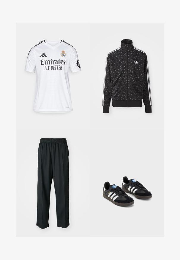 Schwarze Zip-Jacke mit Leopardenmuster, weißen Streifen an den Schultern und einem kleinen weißen Logo auf der Brust.; Weißes Fußballtrikot mit kurzen Ärmeln, V-Ausschnitt-Design, schwarzen Akzenten und "Emirates Fly Better" in fettem Schwarz gedruckt. Mit Teamlogo auf der Brust.; Schwarze Sporthosen mit elastischem Bund, aus glattem Stoff, mit dezenten Seitennähten und einem entspannten Schnitt, mit geradem Bein.; Schwarze Sneaker mit einem Obermaterial aus Wildleder und Synthetik, ausgestattet mit drei weißen Streifen, einer strukturierten Gummi-Sohle und einem blauen Logo-Tag auf der Zunge.