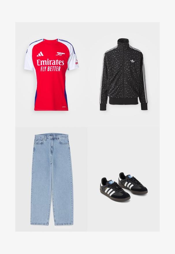 Veste zippée noire avec une texture imprimée léopard, des rayures blanches sur les épaules et un petit logo blanc sur la poitrine.; T-shirt de sport rouge et blanc à manches courtes, avec un col rond, des accents bleus et le logo "Emirates Fly Better" sur le devant.; Jean en denim bleu clair avec une coupe droite, présentant une taille mi-haute, cinq poches, et une fermeture à bouton et à fermeture éclair.; Des baskets noires avec une tige en suède et en matériaux synthétiques, dotées de trois rayures blanches, d'une semelle en caoutchouc texturé et d'une étiquette de logo bleue sur la languette.