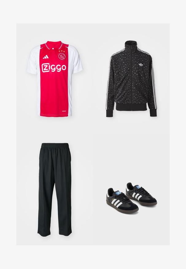 Svart zip-up jacka med leopardmönster, vita ränder längs axlarna och en liten vit logotyp på bröstet.; Röd och vit fotbollsdräkt med krage, med ett zigzag-mönster och logotypen "Ziggo" tydligt synlig i vitt. Tre gyllene stjärnor ovanför logotypen.; Svarta träningstights med elastisk midja, tillverkade av mjukt tyg, med subtila sidstygn och en avslappnad passform, rak bensdesign.; Svarta sneakers med övre del av mocka och syntetmaterial, med tre vita ränder, texturerad gummisula och blå logotags på tungan.