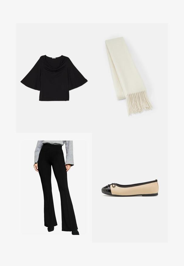 Kr�mfarvet indpakningsfrakke lavet af bl�dt stof, med sjalkrave, lange�rmer, taljebind og frontlommer.; Lys cremefarvet sweater med lange ærmer, rund halsudskæring og ribbenet kant. Lavet af et blødt materiale med en glat tekstur.; Sort top med brede, flydende ærmer. Har en cowl-halsudskæring og en afslappet pasform. Fremstillet af blødt, letvægtsstof. Ingen mønstre eller pynt.; Sort buks med vidde lavet af strækbart stof, med en høj talje og stikninger langs fronten, parret med en grå langærmet bluse.; Balletflade med en beige læderoverdel og en skinnende sort laklæder tåhætte. Har en lille sløjfedetalje foran. Flad sål.; Hvid uld tørklæde, rektangulær form, glat tekstur, med frynser i enderne for ekstra detaljer.; Lille sort læder håndtaske med en rund form, topgreb og aftagelig rem. Bæres med sort stofkjole og sorte plisserede sko.