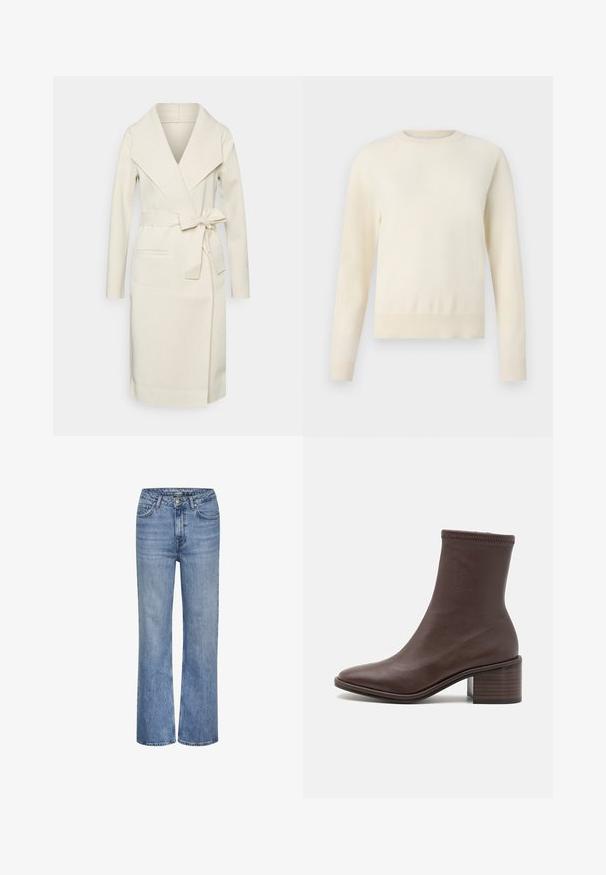 Naisten pitkä, kermanvärinen kietaisutakki pehmeästä kankaasta, jossa suuri kaulus, irrotettava vyö ja kaksi etutaskua. Sileä pinta ja virtaviivainen muotoilu.; Vaalean kermanvärinen neulepaita, jossa on pitkät hihat, pyöreä pääntie ja ribbaushelma. Valmistettu pehmeästä materiaalista, jossa on sileä pinta.; Siniset korkeavyötäröiset suorat farkut, joissa on etunappi, vetoketjukiinnitys ja viisi taskua.; Loeffler Randall ROXY STRETCH - Klassiset nilkkurit - espresso