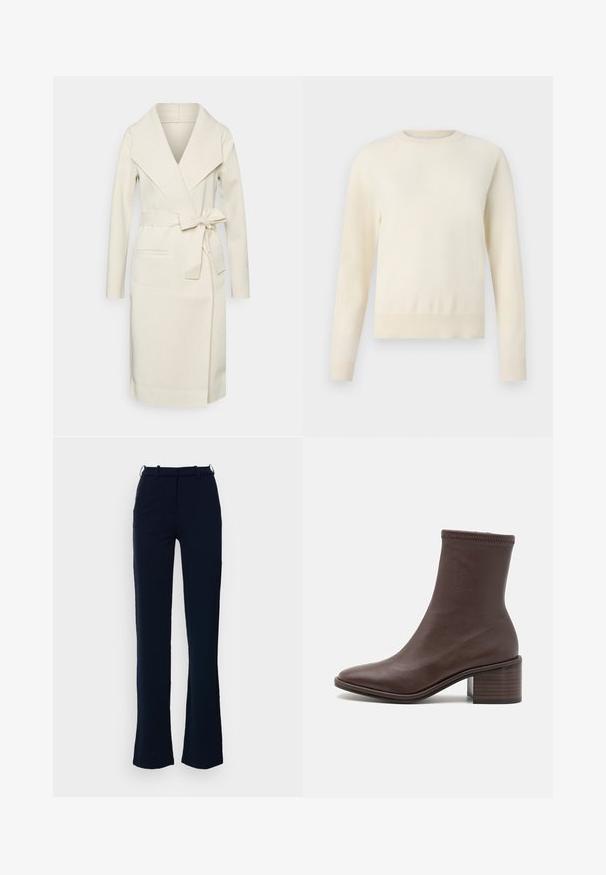 Dámsky dlhý krémový zavinovací kabát z mäkkej tkaniny s veľkým golierom, odnímateľným opaskom na zaväzovanie a dvomi prednými vreckami. Hladká textúra a elegantný dizajn.; Svetlý krémový sveter s dlhými rukávmi, okrúhlym výstrihom a rebrovaným spodným okrajom. Vyrobený z mäkkého materiálu s hladkou štruktúrou.; Námornícke modré nohavice so strieborným strihom, vyrobené z hladkej látky, s pútkami na opasok a predným zipsom.; Loeffler Randall ROXY STRETCH - Klasické členkové čižmy - espresso