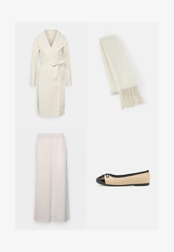 Krémový prehozový kabát vyrobený z mäkkej látky, s šálovým golierom, dlhými rukávmi, opaskom v páse a prednými vreckami.; Svetlý krémový sveter s dlhými rukávmi, okrúhlym výstrihom a rebrovaným spodným okrajom. Vyrobený z mäkkého materiálu s hladkou štruktúrou.; Svetlé béžové nohavice s širokými nohavicami a elastickým pásom. Hladká tkanina, plná dĺžka, bez viditeľných ozdôb alebo vzorov.; Baleríny s telom z béžovej kože a lesklou čiernou lakovanou špičkou. Obsahujú malú mašľu na prednej strane. Plná podrážka.; Biela vlnená šatka, obdĺžnikového tvaru, s hladkou textúrou, má strapcové konce na pridaný detail.