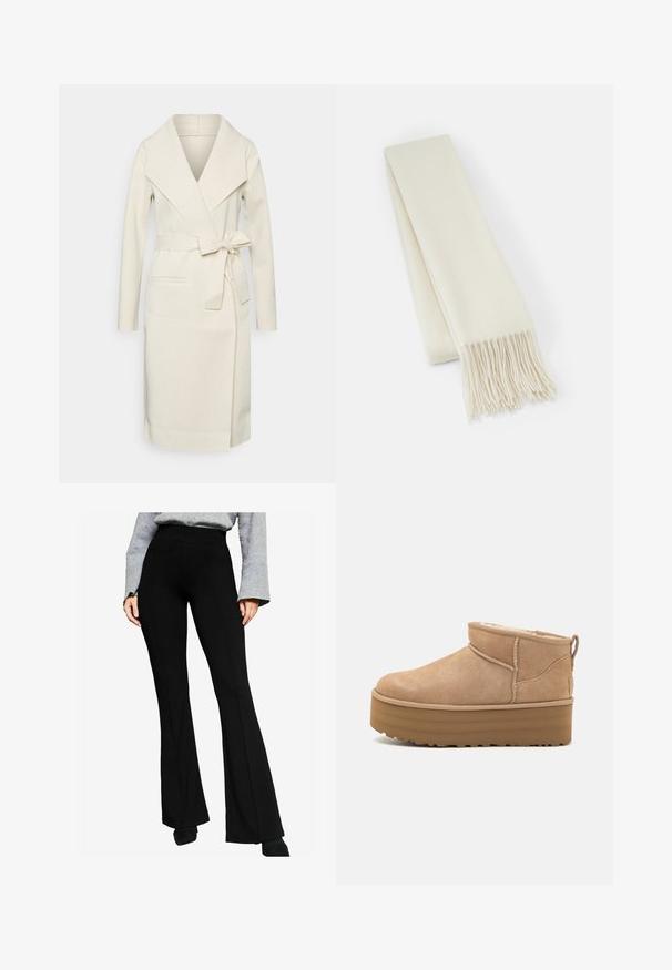 Krémový prehozový kabát vyrobený z mäkkej látky, s šálovým golierom, dlhými rukávmi, opaskom v páse a prednými vreckami.; Svetlý krémový sveter s dlhými rukávmi, okrúhlym výstrihom a rebrovaným spodným okrajom. Vyrobený z mäkkého materiálu s hladkou štruktúrou.; Čierne rozšírené nohavice vyrobené z elastického materiálu, s vysokým pásom a švovými detailmi vpredu, spárované so šedým dlhým rukávom.; Béžové semišové členkové topánky s mäkkým interiérom, vybavené platformovou podrážkou a malým úchytom na zadnej strane pre jednoduché obúvanie. Textúrovaná gumová podrážka.; Biela vlnená šatka, obdĺžnikového tvaru, s hladkou textúrou, má strapcové konce na pridaný detail.