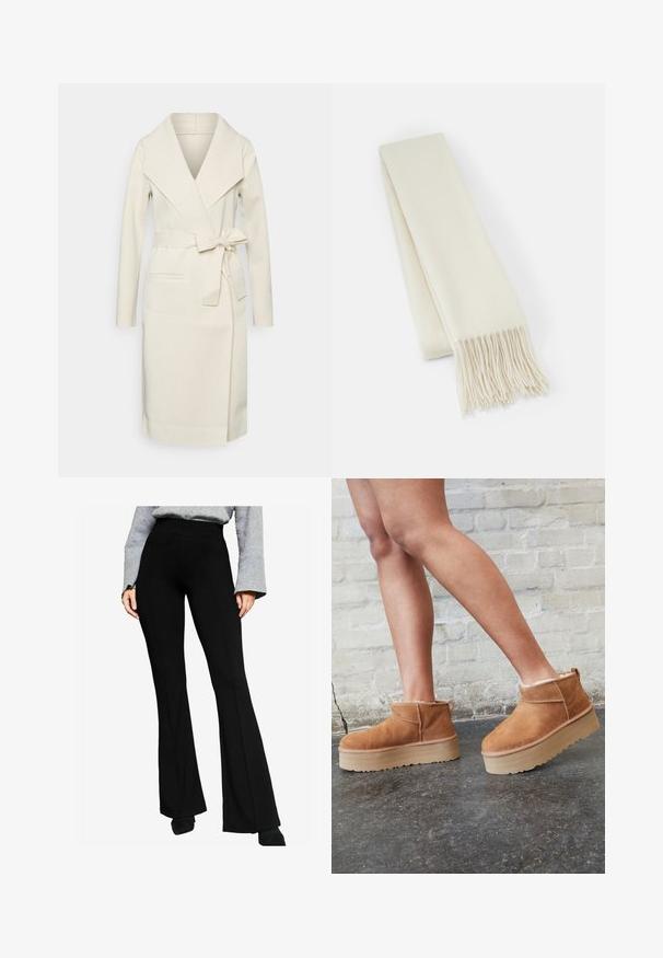 Kreemikas värvi wrap-kate, mis on valmistatud pehmest kangast, millel on šallikaelus, pikad varrukad, vöörihm ja eest taskud.; Hele kreemikaalune sviiter pikade varrukatega, ümmarguse kaelusega ja ribaga äärisega. Valmistatud pehmest materjalist, millel on sile tekstuur.; Mustad flared püksid venivast kangast, millel on kõrge vöökoht ja õmblused ees, koos halli pikkade varrukatega särgiga.; Pruunist seemsest valmistatud pahkluu saapad, millel on pehme vooder, paks beež platvormi konts ja tagumine tõmblukk. Tekstureeritud pind nähtavate õmbluse detailidega.; Valge villane sall, ristküliku kuju, sile tekstuur, frantsiislõppadega, et lisada detaili.