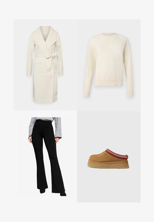 Krém színű, puha anyagból készült, átkötős kabát, stóla gallérral, hosszú ujjal, derékra kötőszallaggal és elülső zsebekkel.; Világos krémszínű pulóver hosszú ujjakkal, kerek nyakkivágással és bordás aljjal. Puha anyagból készült, sima textúrával.; Fekete, bővülő szárú nadrág rugalmas anyagból, magas derékkal és elülső varrás részletekkel, szürke, hosszú ujjú felsővel párosítva.; Barna velúr slip-on cipő piros és krém mintás díszítéssel, textúrált talppal és UGG logóval az oldalon. Könnyű platformmagassággal rendelkezik.