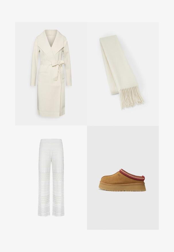 Kremowy płaszcz zapinany, wykonany z miękkiego materiału, z kołnierzem szalowym, długimi rękawami, paskiem w talii i przednimi kieszeniami.; Jasnokremowy sweter z długim rękawem, okrągłym dekoltem i ściągaczem u dołu. Wykonany z miękkiego materiału, charakteryzującego się gładką fakturą.; Szerokie spodnie w kolorze białym, z teksturowanym wzorem dzianiny, z naprzemiennymi wzorami i przezroczystymi sekcjam w całej długości.; Brązowy zamszowy but wsuwany z czerwono-kremowym ozdobnym wykończeniem, teksturowaną podeszwą i logo UGG z boku. Posiada lekko podwyższone podłoże.; Biały wełniany szalik, w kształcie prostokąta, gładka tekstura, z frędzlami na końcach dla dodatkowego detalu.