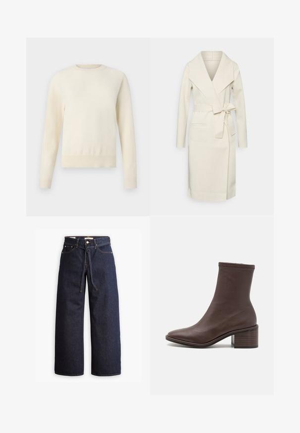Women's long, cream wrap coat in soft fabric with a large collar, detachable tie belt, and two front pockets. Smooth texture and streamlined design.; Light cream-colored sweater with long sleeves, round neckline, and ribbed hem. Made from a soft material, featuring a smooth texture.; Wide-leg dark blue denim jeans with a high waist, featuring a drawstring tie, five pockets, and contrasting stitching details.; Loeffler Randall ROXY STRETCH - Classic ankle boots - espresso