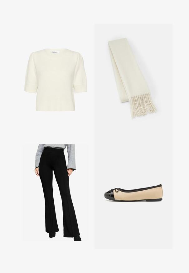 Kremowy płaszcz zapinany, wykonany z miękkiego materiału, z kołnierzem szalowym, długimi rękawami, paskiem w talii i przednimi kieszeniami.; Sweter z krótkim rękawem w kolorze kremowym, z okrągłym dekoltem, prążkowaną fakturą i miękkim wykończeniem. Posiada lekko bufiaste rękawy oraz luźny krój.; Czarne rozszerzane spodnie wykonane z elastycznego materiału, z wysokim stanem i detalami szwów z przodu, połączone z szarym długim topem.; Baleriny z beżowej skóry i błyszczącym czarnym czubkiem z lakierowanej skóry. Posiadają mały detal w postaci kokardki z przodu. Płaska podeszwa.; Biały wełniany szalik, w kształcie prostokąta, gładka tekstura, z frędzlami na końcach dla dodatkowego detalu.