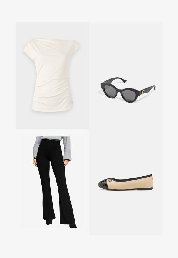 Krémový zabalovací kabát vyrobený z měkké tkaniny, s šálovým límcem, dlouhými rukávy, páskem v pase a předními kapsami.; Krémový top bez ramínek vyrobený z měkké látky s nařasenou strukturou na jedné straně, který má uvolněný střih a hladký splývavý vzhled.; Černé rozšířené kalhoty vyrobené z elastické látky, se vysokým pasem a švy podél přední strany, v kombinaci se šedým topem s dlouhým rukávem.; Baletní baleríny s béžovým koženým svrškem a lesklou černou lakovanou špičkou. Na přední části mají malou mašličku. Rovná podešev.; Černé sluneční brýle s ostrým kočičím tvarem, vybavené tmavými skly. Zlatozlatý akcent s logem na stranici. Hladký plastový rám.