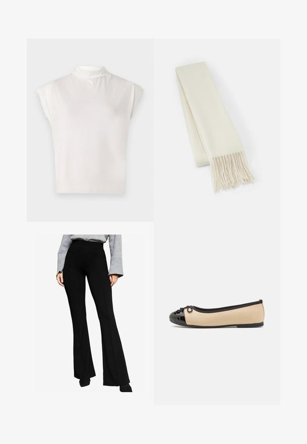 Kremowy płaszcz zapinany, wykonany z miękkiego materiału, z kołnierzem szalowym, długimi rękawami, paskiem w talii i przednimi kieszeniami.; Biały bezrękawnik z golfem wykonany z miękkiego materiału, charakteryzujący się nowoczesnym krojem, gładką fakturą i delikatnym detalem w postaci prążkowanego wykończenia.; Czarne rozszerzane spodnie wykonane z elastycznego materiału, z wysokim stanem i detalami szwów z przodu, połączone z szarym długim topem.; Baleriny z beżowej skóry i błyszczącym czarnym czubkiem z lakierowanej skóry. Posiadają mały detal w postaci kokardki z przodu. Płaska podeszwa.; Biały wełniany szalik, w kształcie prostokąta, gładka tekstura, z frędzlami na końcach dla dodatkowego detalu.