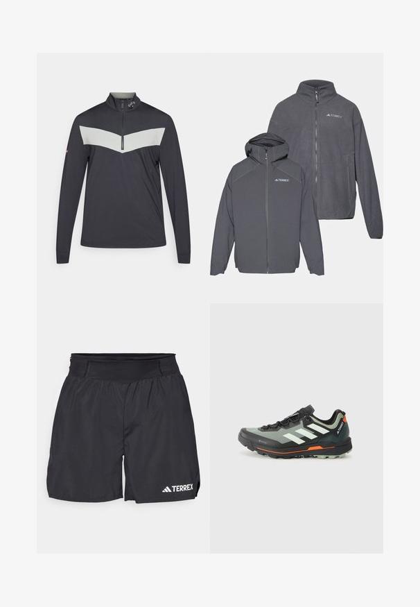 Two zip-up fleece jackets in dark gray, featuring a hood on one, branded with the TERREX logo, smooth texture, and minimalistic design.; Quarter-zip pullover in dark gray with a light gray chevron design across the chest. Features long sleeves and a textured fabric.; Black athletic shorts with a stretchy waistband, made of lightweight fabric. Features a white "TERREX" logo on the lower left side.; Lightweight trail running shoe with a gray and black mesh upper, orange accents, and a rugged outsole for traction. Waterproof Gore-Tex lining.