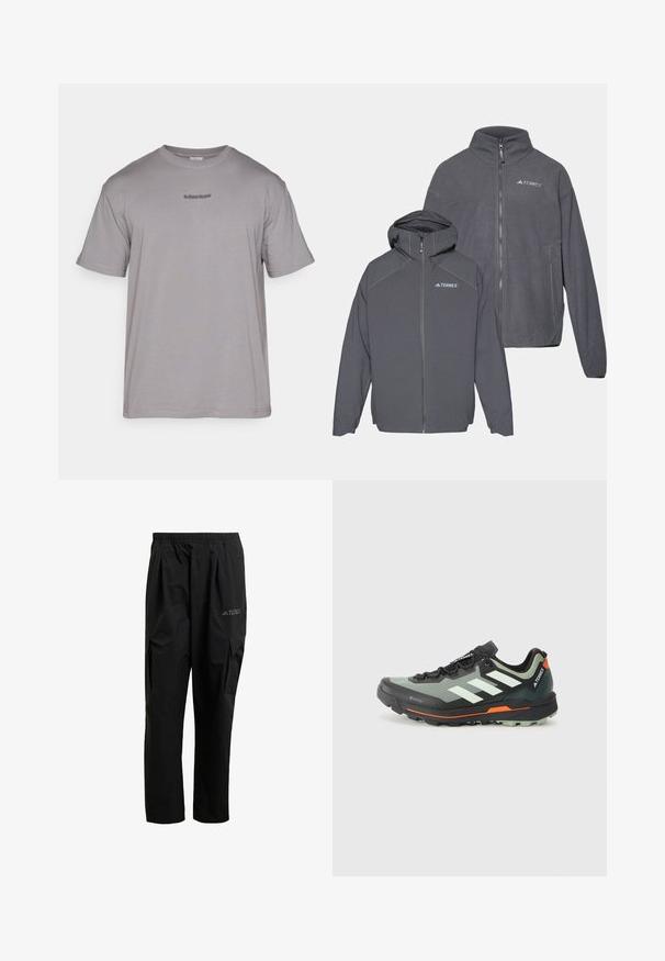 Twee ritssluiting fleece jassen in donkergrijs, waarvan er één een capuchon heeft, voorzien van het TERREX-logo, met een gladde textuur en een minimalistisch ontwerp.; Grijze katoenen T-shirt met een ronde halslijn. Heeft korte mouwen en een klein geborduurd logo in donkergrijs op de borst.; Zwarte cargobroek van lichtgewicht materiaal, met een elastische tailleband, zijzakken en een subtiele logo op de bovenbeen.; Lichte trailrunningschoen met een grijs en zwart mesh bovenwerk, oranje accenten en een robuuste buitenzool voor grip. Waterdichte Gore-Tex voering.