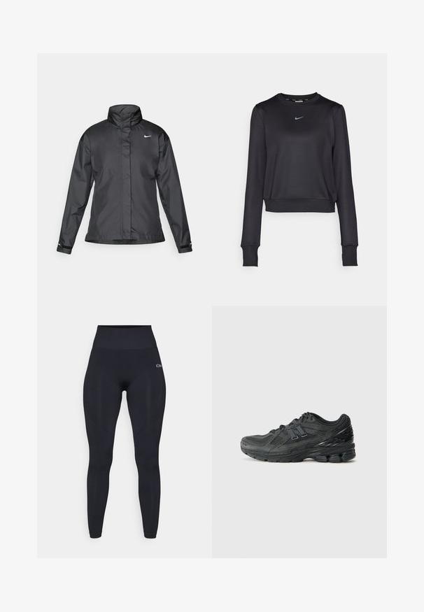 Chaqueta cortavientos negra con cuello alto, cierre frontal de cremallera completa y logo de Nike en el pecho; fabricada con un tejido suave y ligero.; Sudadera corta negra hecha de tela suave, con un cuello redondo, mangas largas y un pequeño logo azul de Nike en el pecho.; Leggings negros de talle alto con una tela suave y elástica. Presenta un logo en la parte superior de la pierna y acentos texturizados en los costados.; Zapatillas de correr negras con parte superior de malla, cuello acolchado, acentos sintéticos y una suela texturizada con elementos de amortiguación visibles.