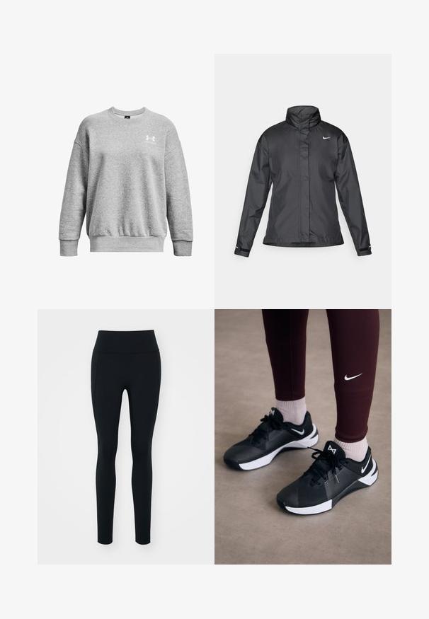 Czarna kurtka przeciwwiatrowa z wysokim kołnierzem, pełnym zamkiem z przodu i logo Nike na piersi; wykonana z gładkiego, lekkiego materiału.; Szara bluza z miękkiego materiału, z okrągłym dekoltem, opuszczonymi ramionami, ściągaczami na rękawach i małym białym logo na lewej piersi.; Czarne legginsy wykonane z elastycznego materiału z wysokim stanem. Gładka tekstura, dopasowany krój i brak widocznych zdobień lub wzorów.; Czarne buty sportowe z fakturowaną cholewką i białymi akcentami, ze sznurówkami i logo z boku. Ubrane z bordowymi legginsami i jasnymi skarpetkami.