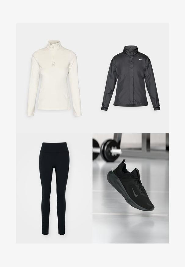 Fekete szélálló dzseki magas gallérral, teljes cipzárral elöl és Nike logóval a mellkason; sima, könnyű anyagból készült.; Spyder SHIMMER BUG 1/2 ZIP - Polárpulóver - vanilla latte; Fekete leggings rugalmas anyagból, magas derékkal. Simább textúra, feszes fazon, és nincsenek látható díszítések vagy minták.; Fekete sportcipő Nike logóval, amely a levegőben látható az edzőterem padlóján, a háttérben elmosódott kézi súlyzó állvánnyal.
