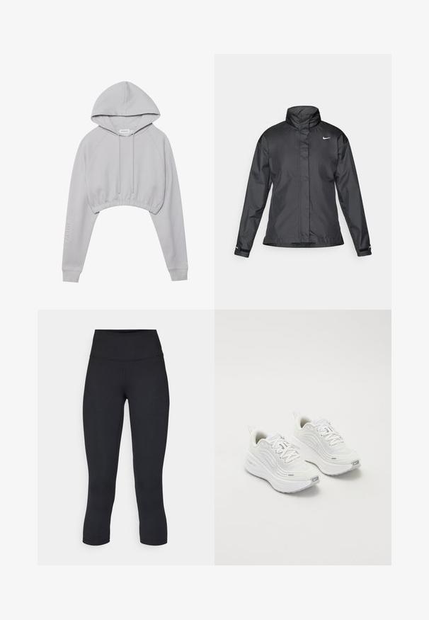 Giacca a vento nera con colletto alto, chiusura full zip e logo Nike sul petto; realizzata in tessuto leggero e liscio.; Hoodie grigio corto con cappuccio regolabile, maniche raglan e orlo elastico. Presenta il testo "ACTIVE" sulla manica sinistra. Texture del tessuto morbida.; Leggings cropped neri realizzati in tessuto elasticizzato, con vita alta e texture liscia, senza motivi o componenti visibili.; Scarpe da ginnastica bianche con tomaia in rete testurizzata, suola ammortizzata e sottili dettagli grigi. Comprendono il branding e una linguetta sul tallone per una facile calzata.