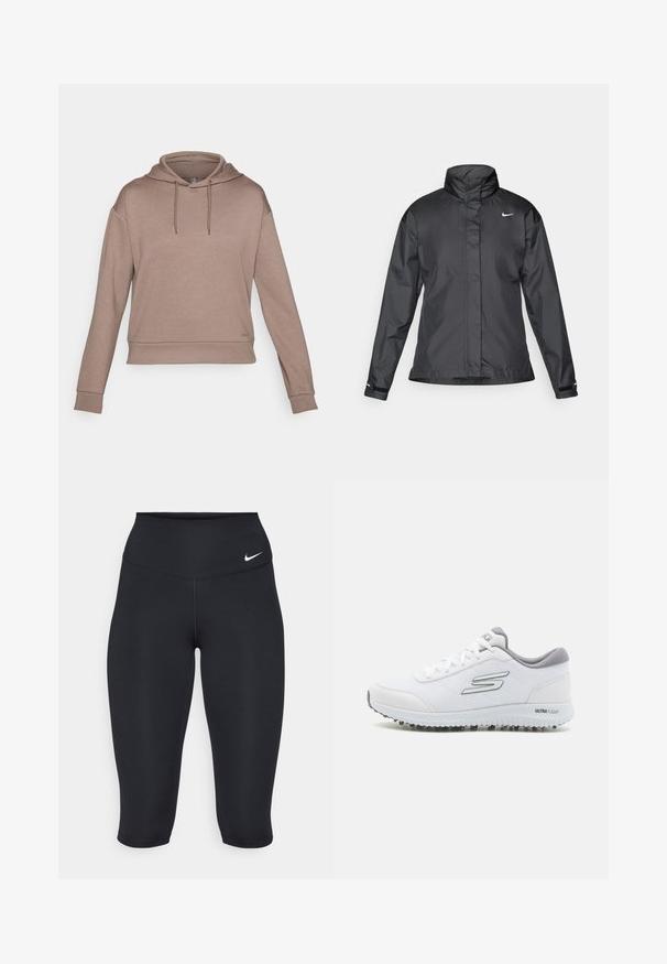 Veste coupe-vent noire avec un col haut, fermeture éclair complète à l'avant et logo Nike sur la poitrine ; fabriquée en tissu lisse et léger.; ONLY Play ONPLOUNGE LIFE HOOD - Sweat à capuche - walnut; Les leggings capri noirs Nike présentent une taille haute, un tissu extensible lisse et un détail de logo discret à l'avant.; Baskets de sport blanches avec une tige en maille texturée, des accents argentés et une semelle légère dotée de petits crampons, étiquetées "ULTRA FLIGHT."