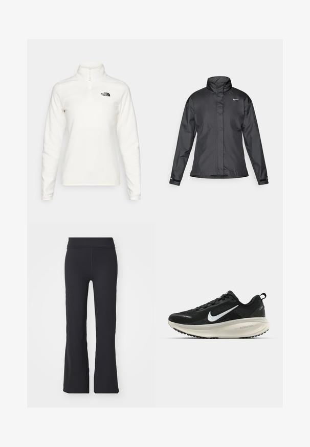 Schwarze Windjacke mit hochgeschlossenem Kragen, durchgehendem Reißverschluss und Nike-Logo auf der Brust; aus glattem, leichtem Material gefertigt.; Weißer Fleece-Pullover mit hohem Kragen und halbem Reißverschluss. Mit einem schwarzen Logo auf der linken Brust und langen, schmal geschnittenen Ärmeln.; Schwarze Schlaghosen aus dehnbarem Material mit hohem Bund. Verfügt über klare Linien und eine glatte Textur, geeignet für Freizeitkleidung.; Schwarzer Nike-Laufschuh mit atmungsaktivem Mesh-Obermaterial, weißem Swoosh-Logo, strukturierten Details und einer cremefarbenen ZoomX-Zwischensohle.