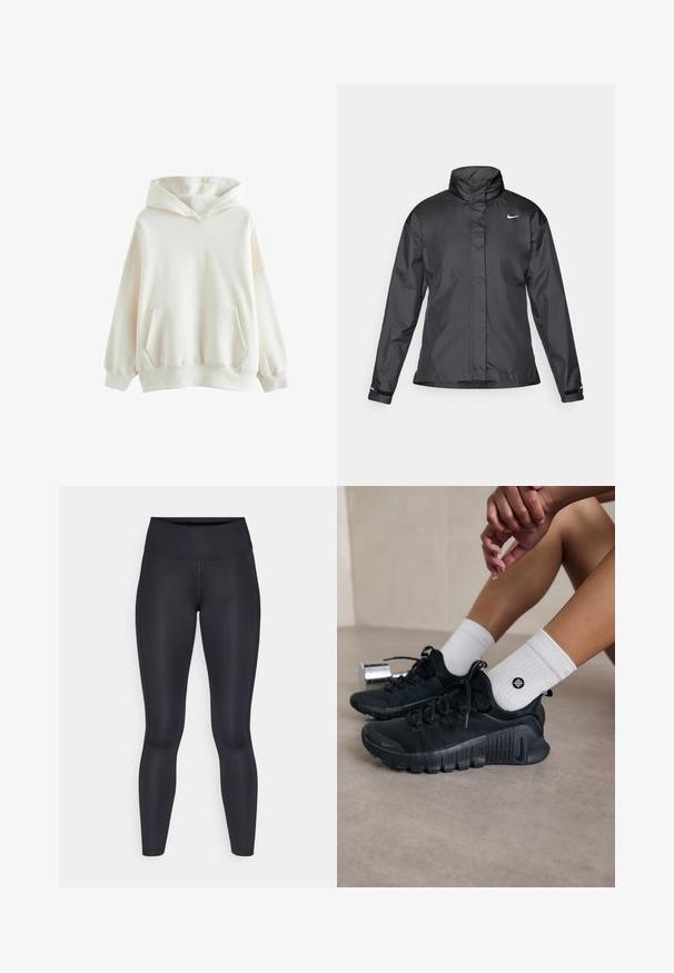 Chaqueta cortavientos negra con cuello alto, cierre frontal de cremallera completa y logo de Nike en el pecho; fabricada con un tejido suave y ligero.; Sudadera blanca con capucha, hecha de una tela suave, que presenta un bolsillo delantero, puños acanalados y un ajuste relajado con una capucha de doble capa.; Leggings negros hechos de una tela suave y elástica. Cintura alta sin patrones ni acentos visibles. Se ajustan estrechamente desde la cintura hasta los tobillos.; Zapatillas deportivas negras con tejido texturizado, diseño de cordones y una suela prominente, combinadas con calcetines blancos de canalé que presentan un pequeño logo.
