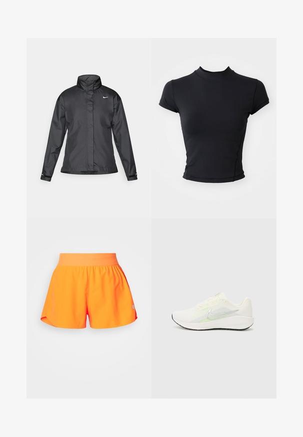 Fekete szélálló dzseki magas gallérral, teljes cipzárral elöl és Nike logóval a mellkason; sima, könnyű anyagból készült.; Fekete, rövidített póló sima, rugalmas anyagból, magas nyakkal és rövid ujjakkal, tiszta varrással és testhezálló fazonnal.; Élénk narancssárga sportnadrág rugalmas derekkal, laza szabású, oldalsó hasítékokkal, és egy kis szürke logóval az alsó sarokban.; Nike Performance DOWNSHIFTER 13 - Utcai futócipők - sail/silver-coloured photon dust/summit white/barely volt/black