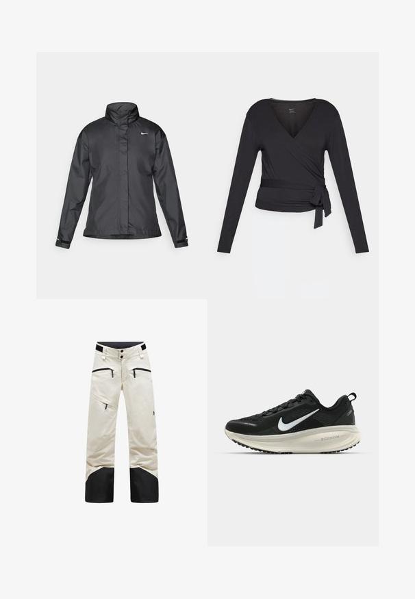 Juoda vėjui atspari striukė su aukštu apykakle, visišku užtrauktuku priekyje ir Nike logotipu krūtinėje; pagaminta iš lygaus, lengvo audinio.; Juodas ilgas rankovėmis apvyniojamas viršus su V formos iškirpte, su šoniniu rišimu. Pagamintas iš švelnios, lygaus audinio, turintis prigludusią siluetą.; Baltos vandeniui atsparios sniego kelnės su juodais akcentais, dviem priekiniams užtrauktukams užsegamomis kišenėmis ir plačiomis kojomis. Yra mygtuko ir velcro uždarymas.; Juodas Nike sportinis batelis su kvėpuojančiu tinklu, baltu swoosh logotipu, tekstūruoto dizaino detalėmis ir grietinėlės spalvos ZoomX viduriu.