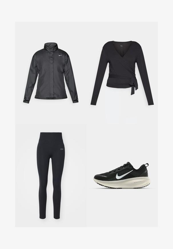 Giacca a vento nera con colletto alto, chiusura full zip e logo Nike sul petto; realizzata in tessuto leggero e liscio.; Top avvolgente nero a maniche lunghe con scollatura a V, dotato di un legaccio laterale. Realizzato in tessuto morbido e liscio con una silhouette aderente.; Leggings neri con vita alta, realizzati in tessuto elasticizzato, con una texture liscia e un piccolo logo sulla parte anteriore. Nessun motivo visibile.; Scarpa da corsa nera Nike con tomaia in rete traspirante, logo Swoosh bianco, dettagli testurizzati e intersuola ZoomX di colore crema.