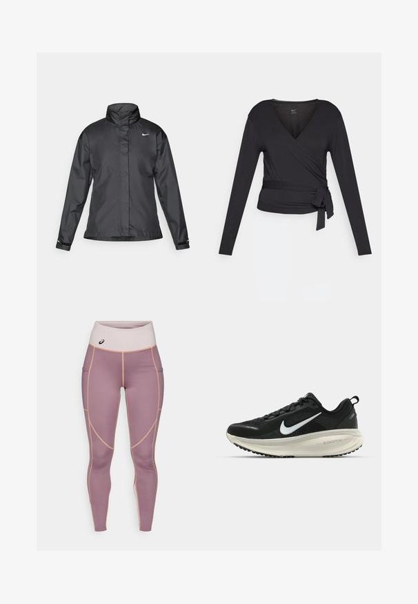 Zwarte windjack met een hoge kraag, volledige rits aan de voorkant en het Nike-logo op de borst; gemaakt van gladde, lichte stof.; Zwarte lange mouwen wikkeltop met een V-hals, voorzien van een zijstrik. Gemaakt van zachte, gladde stof met een aansluitende pasvorm.; Leggings van gladde, rekbare stof in lichtpaars met beige accenten. Voorzien van een hoge tailleband en zijzakken.; Zwarte Nike hardloopschoen met ademend mesh bovenwerk, witte swoosh-logo, gestructureerde details en een crèmekleurige ZoomX middenzool.